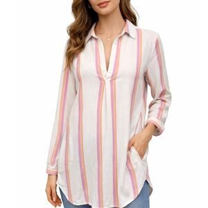 For Cynthia Rowley Popover Tunic Top Women M Linen blend Roll up sleeve Pockets